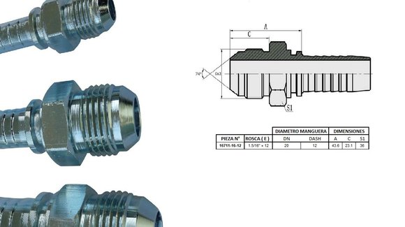 Imagen de MACHO RECTO JIC 1.5/16" UN X 12F 12 MANG.3/4"
